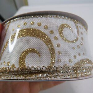 Ivory & Gold Glittered Swirl Wired Ribbon 25 feet NEW